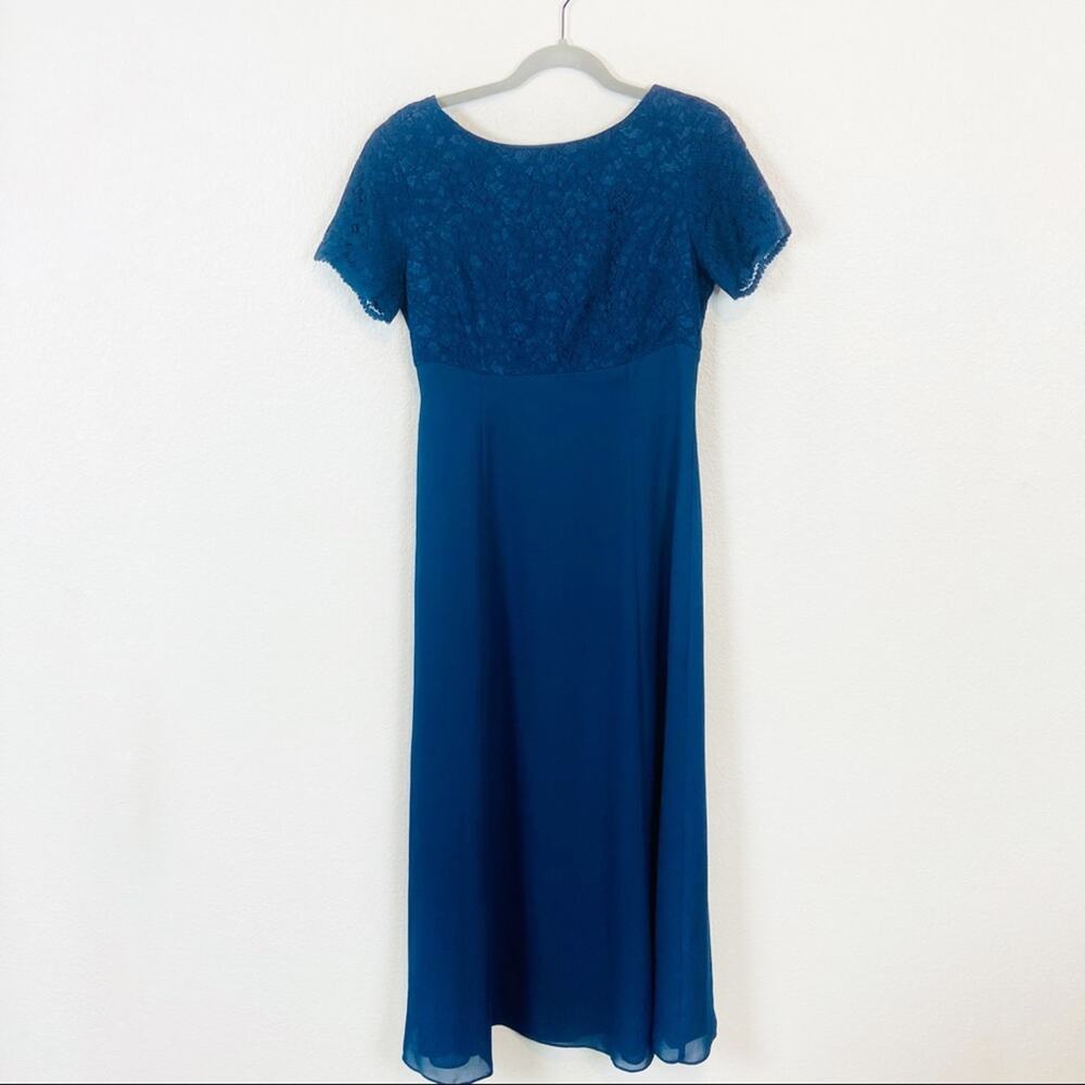 Lanz of Salzburg Chiffon Dress Formal Vintage Women's Blue Scoop Back Lace sz 8P